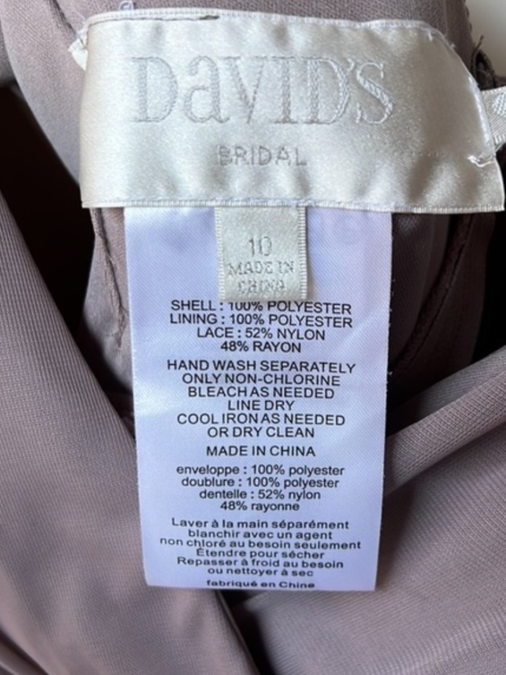 David's Bridal Taupe Lace Chiffon Cap Sleeve V Neck Open Back Formal Dress 10 - Picture 7 of 8